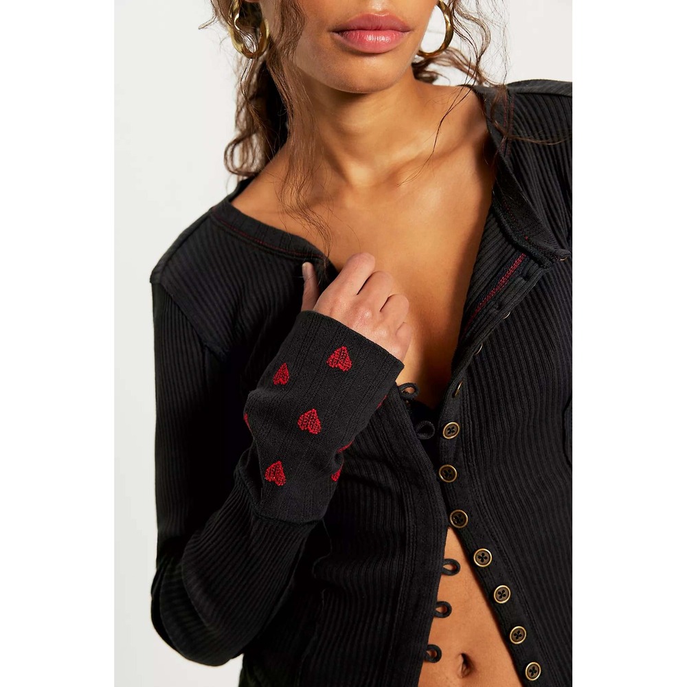We The Free‎ ♥️ Black Cardigan Red Hearts ♥️ Cuff Daria Size Small NWT